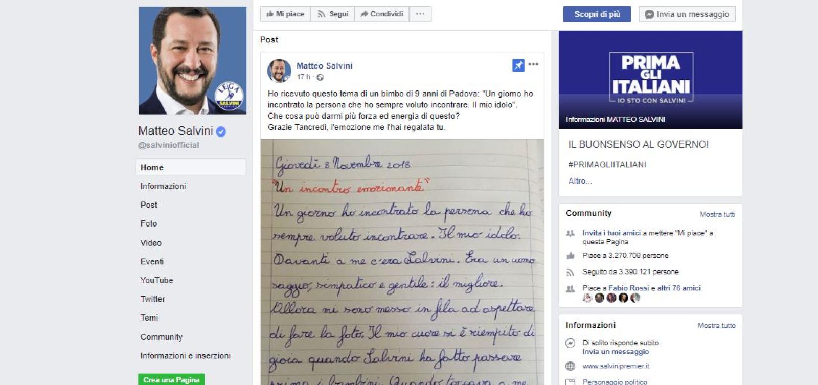 Tancredi, 9 anni, scrive a Salvini: "Sei il mio mito"