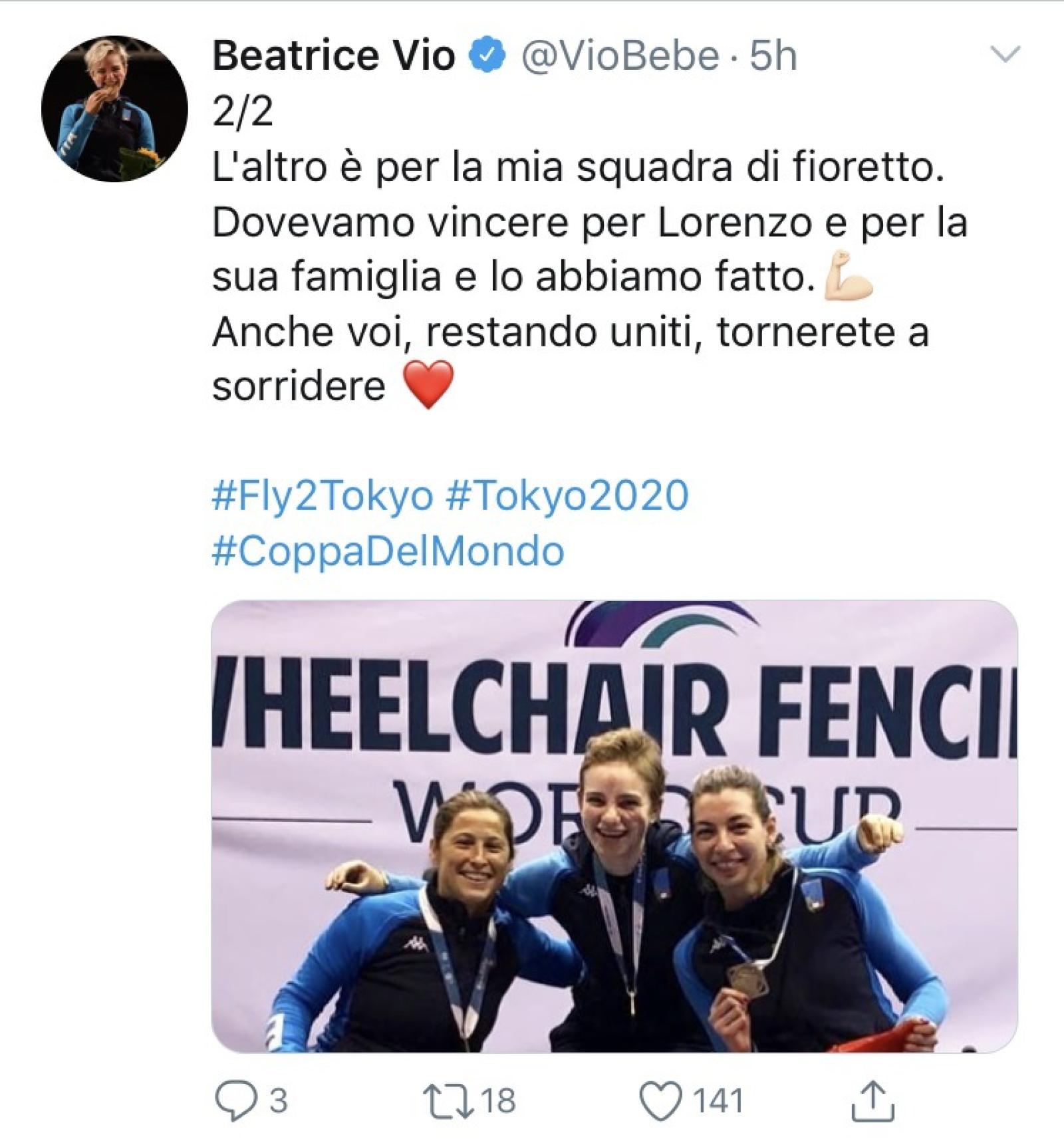 Bebe Vio dedica l&rsquo;oro a Lorenzo Major
