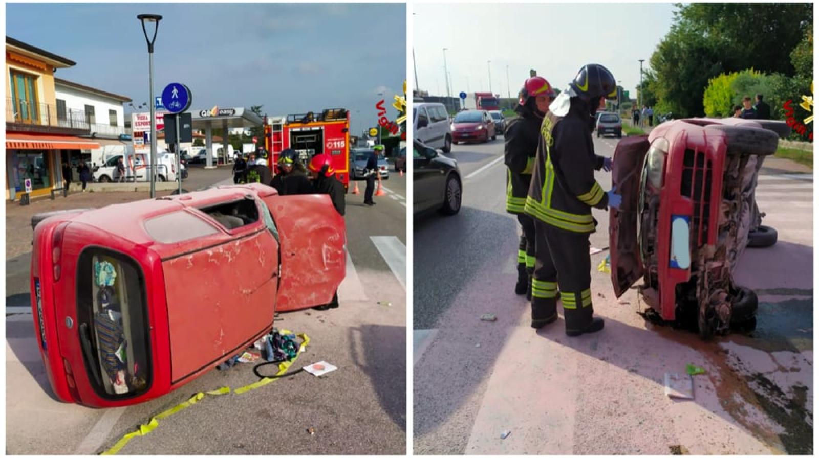 Pericolosissimo incidente: auto si ribalta e si incendia