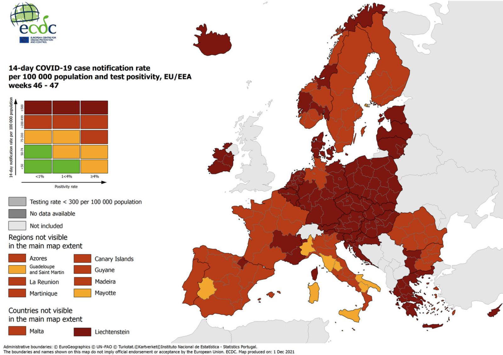 La mappa del Centro europeo per la prevenzione e il controllo delle malattie (Ecdc)