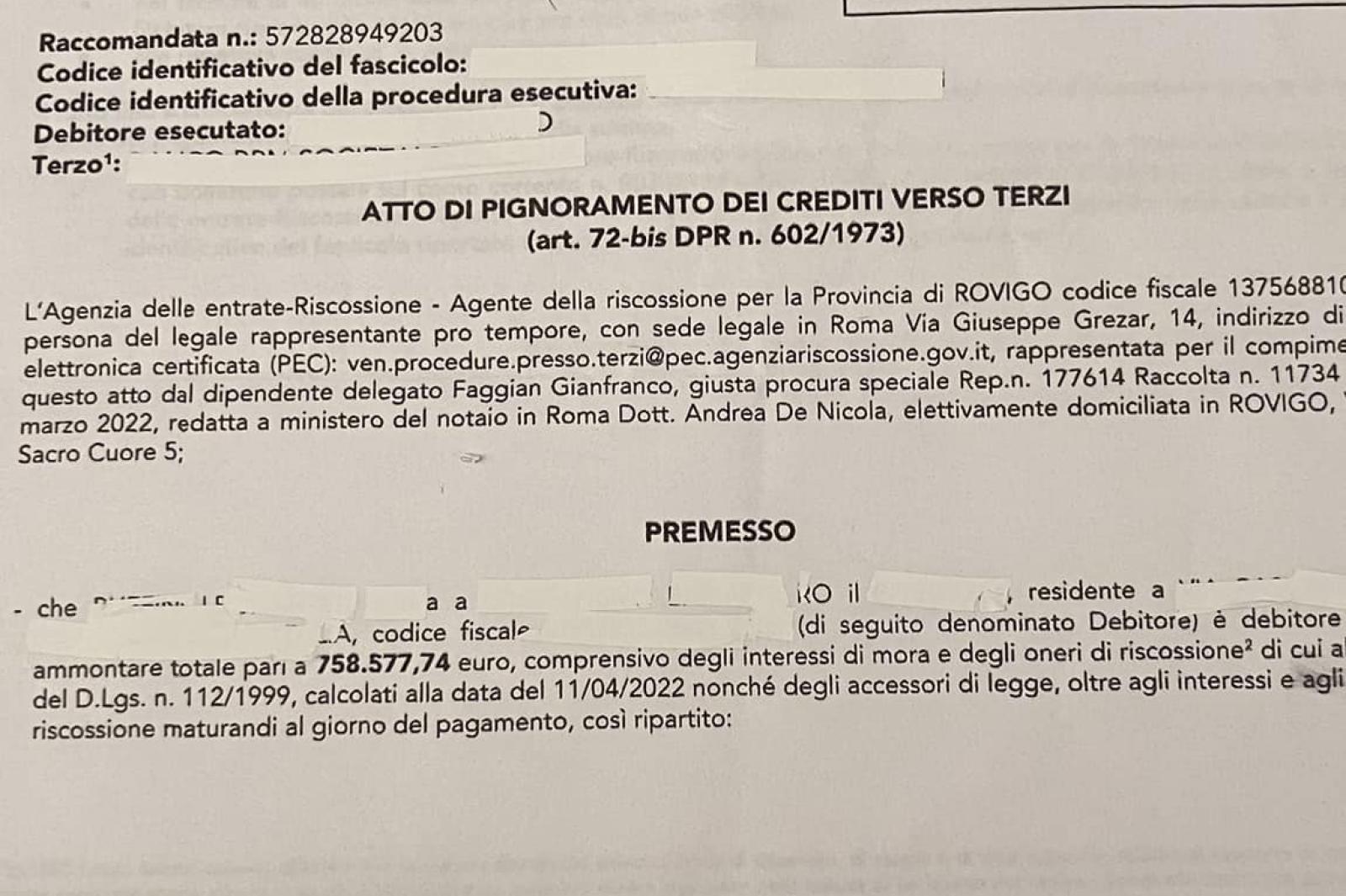 Gli arriva una cartella da 700mila euro