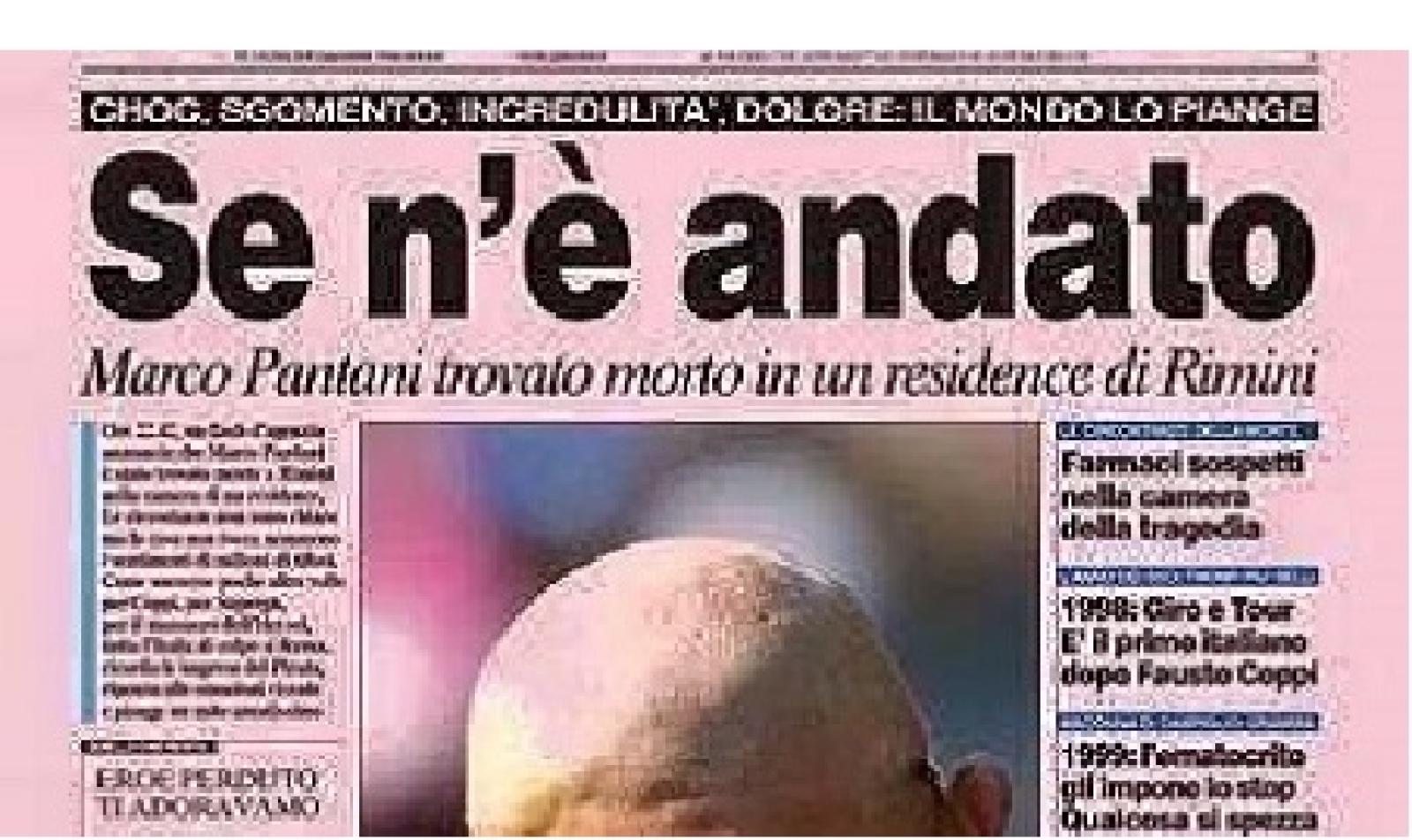 La prima pagina della Gazzetta con l'annuncio della morte di Marco Pantani