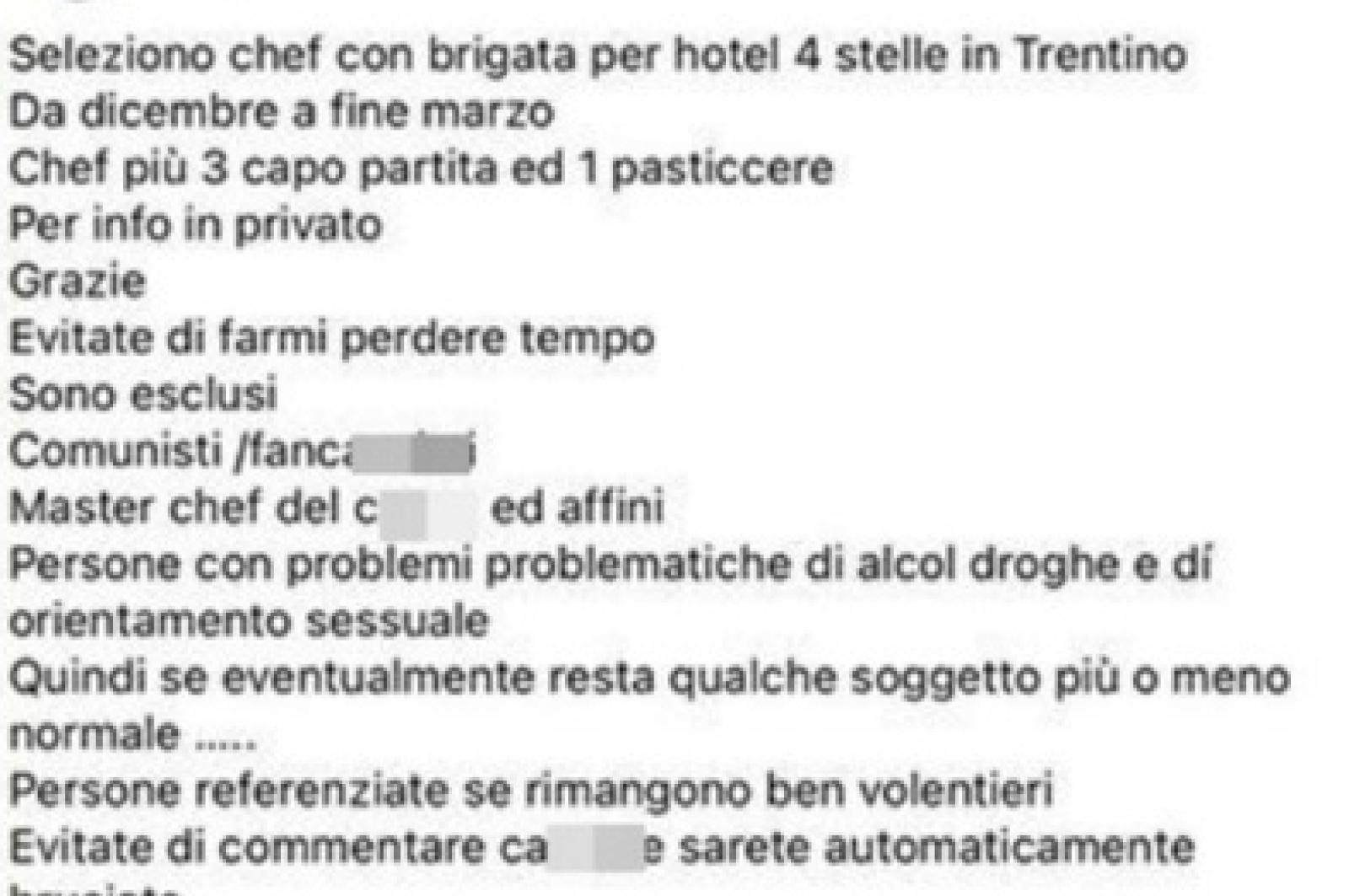 "Si assume, ma non gay o comunisti"