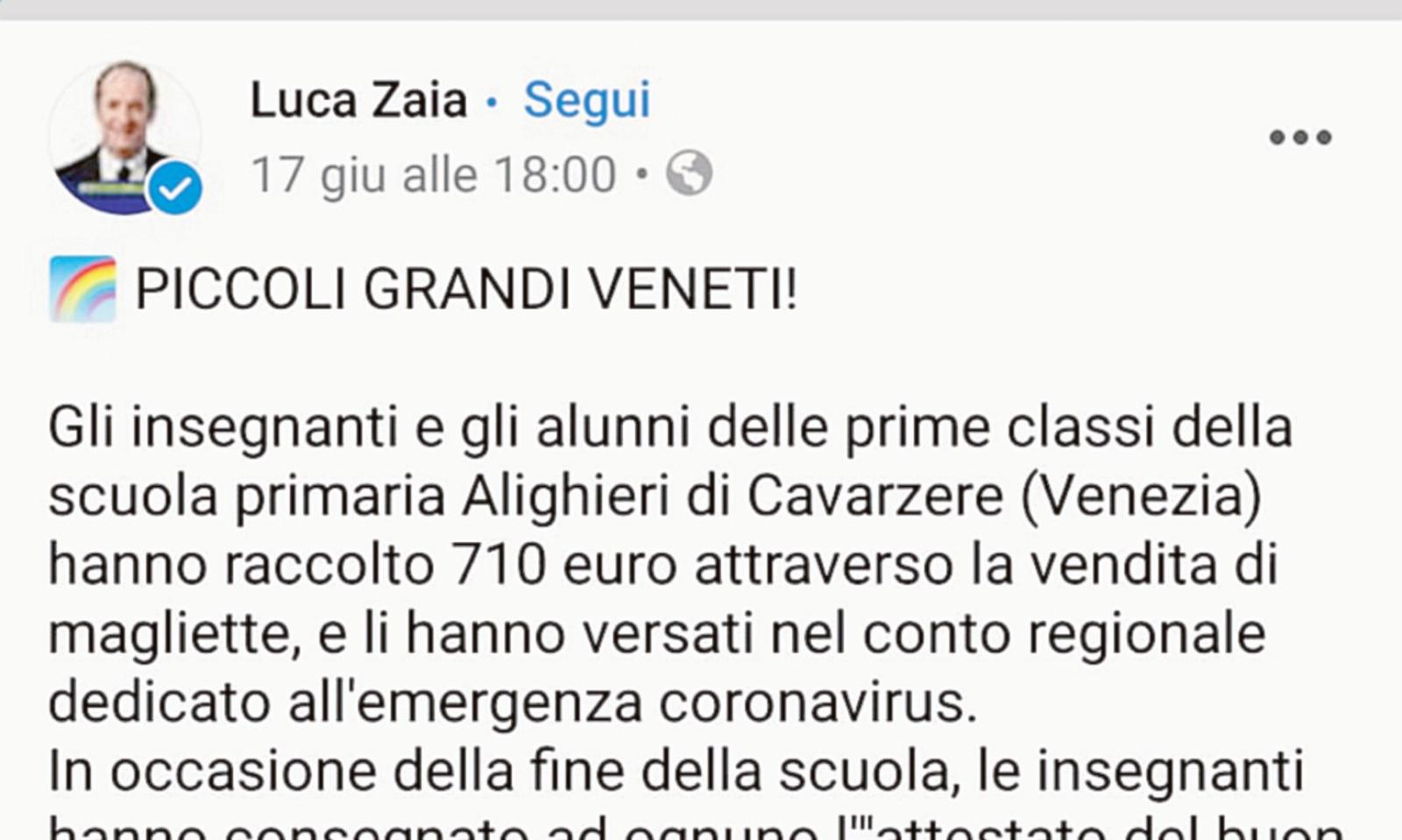 Luca Zaia elogia gli alunni della primaria