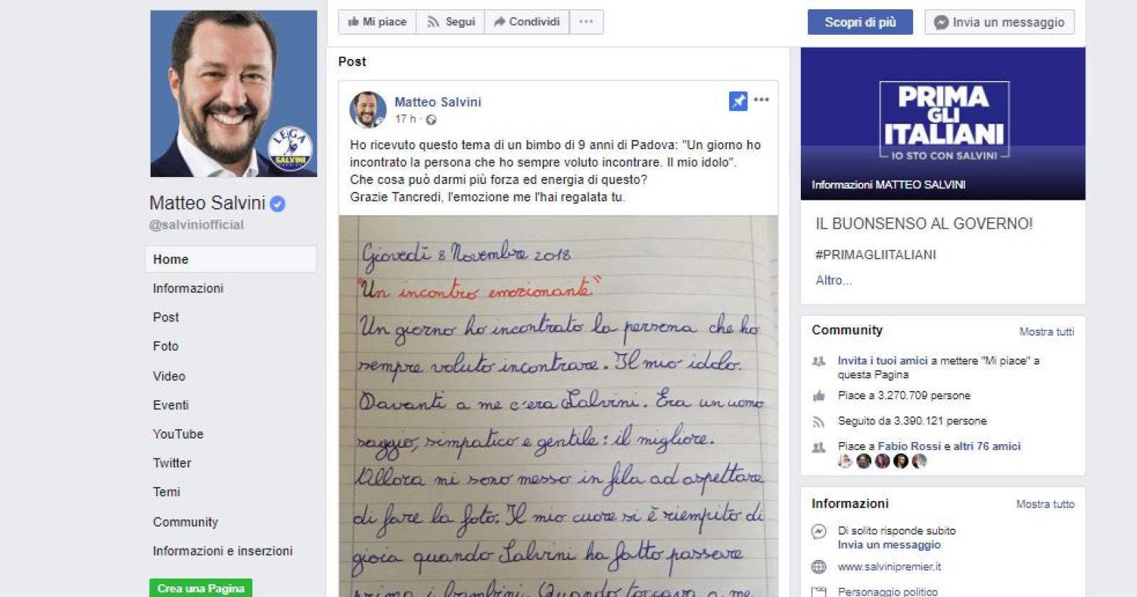 Tancredi, 9 anni, scrive a Salvini: "Sei il mio mito"