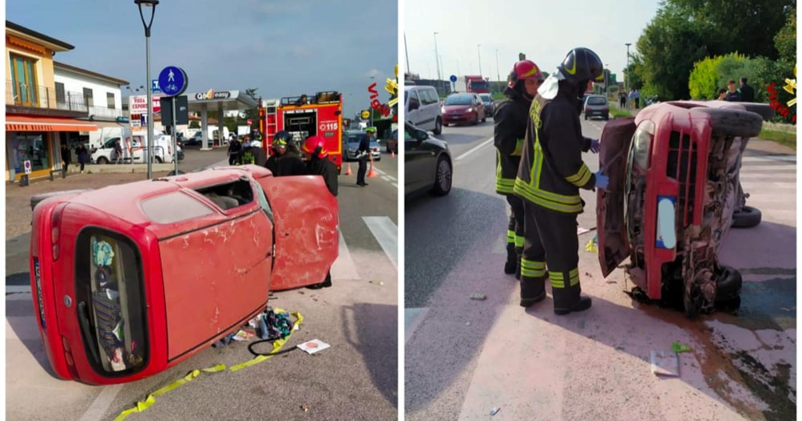 Pericolosissimo incidente: auto si ribalta e si incendia