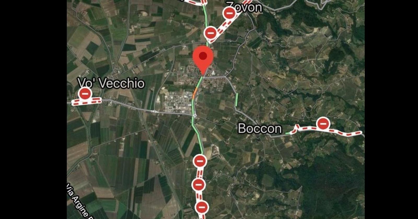 Adesso Vo' Euganeo è davvero blindato. Anche google maps lo segnala