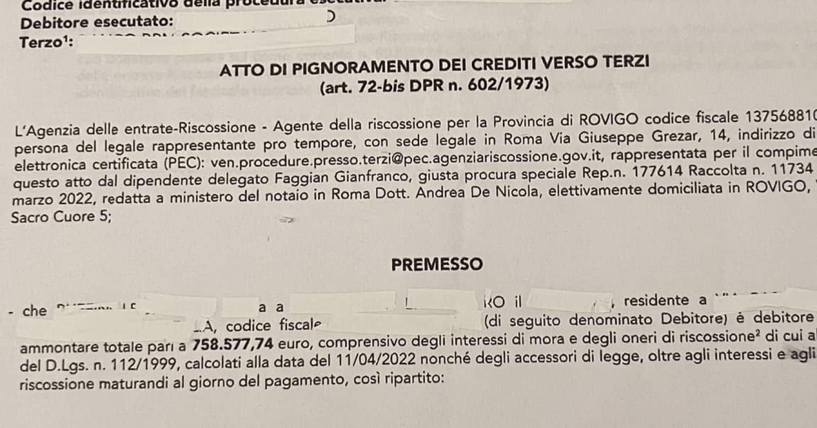 Gli arriva una cartella da 700mila euro