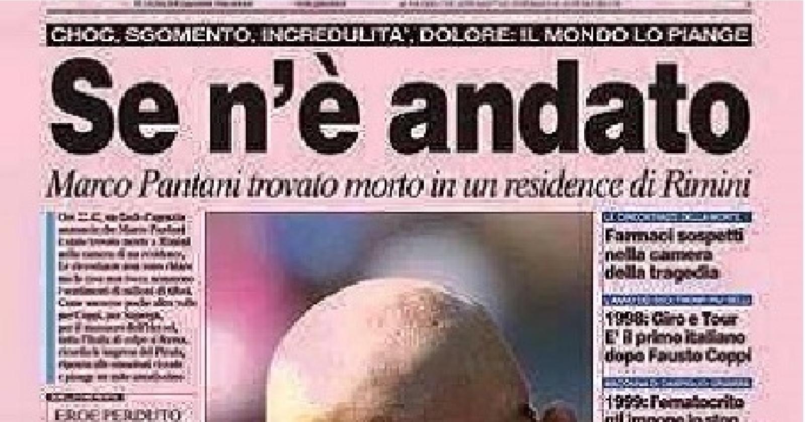 La prima pagina della Gazzetta con l'annuncio della morte di Marco Pantani