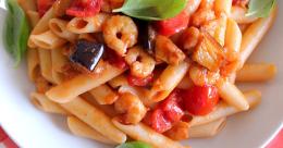 Pennette con gamberi e melanzane