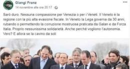 "Nessuna pietà per Venezia e per i veneti". E' bufera su facebook.