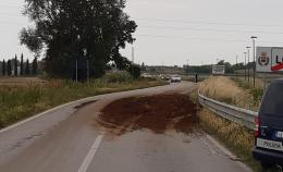Si apre il cassone di un camion: strada bloccata dal letame 