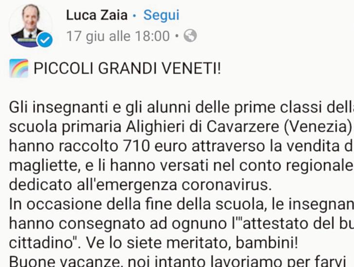 Luca Zaia elogia gli alunni della primaria
